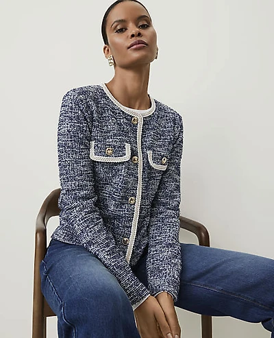 Ann Taylor Crew Neck Jacket Tweed Ocean Women's