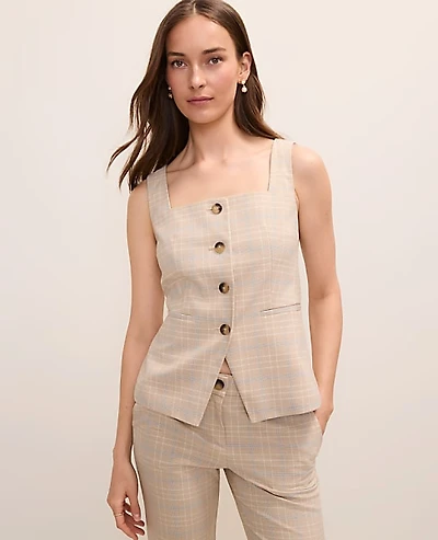 Ann Taylor The Petite Square Neck Tailored Vest Plaid Mixed Level Neutral Women's