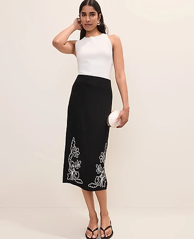 Ann Taylor Petite Embroidered Column Midi Skirt Black Women's