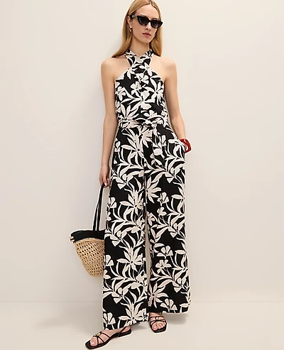 Ann Taylor The Wide-Leg Paperbag Pant Floral Linen Blend Black Women's