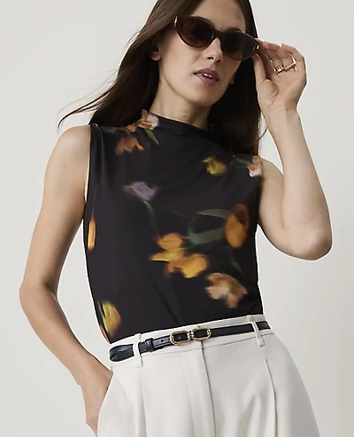 Ann Taylor Floral Mock Neck Tank Top Black - Yellow Women's