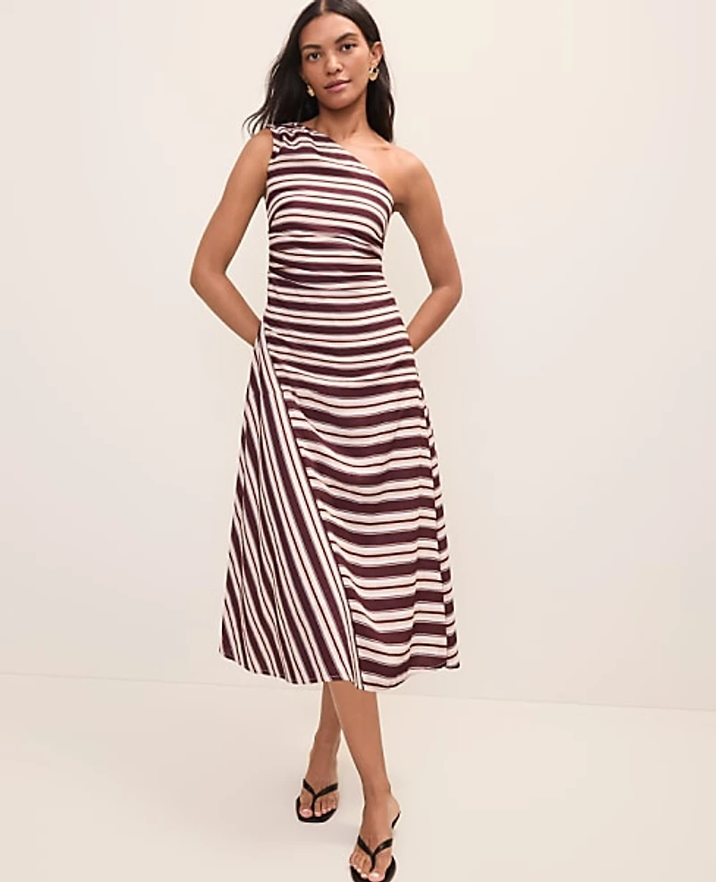 Ann Taylor Petite Striped Midi Dress Rich Walnut Women's