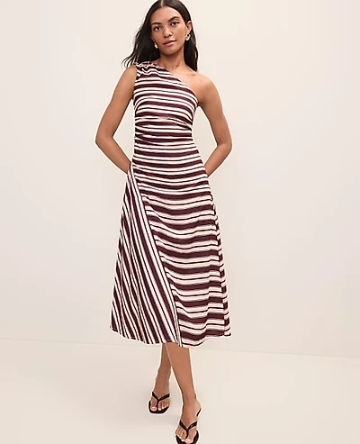 Ann Taylor Petite Striped One-Shoulder Midi Dress Rich Walnut Women's