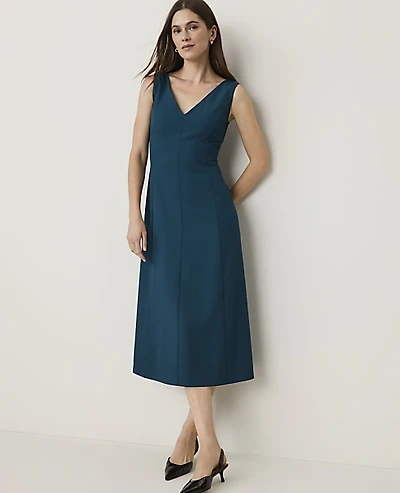 Ann Taylor The Seamed V-Neck Flare Dress Deep Forest Pine Women's