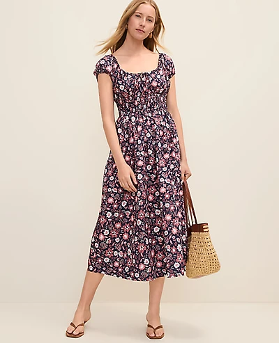Ann Taylor Petite Floral Smocked Midi Dress Night Sky B Women's