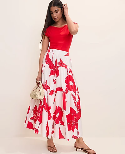 Ann Taylor Petite Floral Tiered Full Skirt Bright Cherry Women's