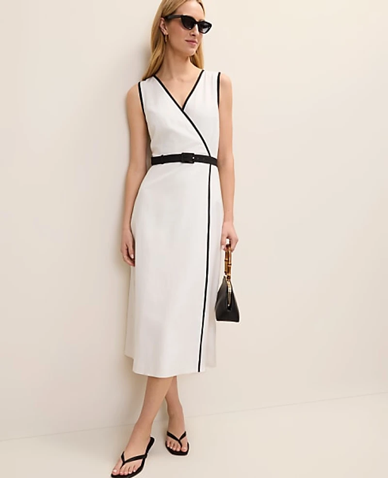 Ann Taylor Petite Belted Midi Dress Linen Blend White Women's