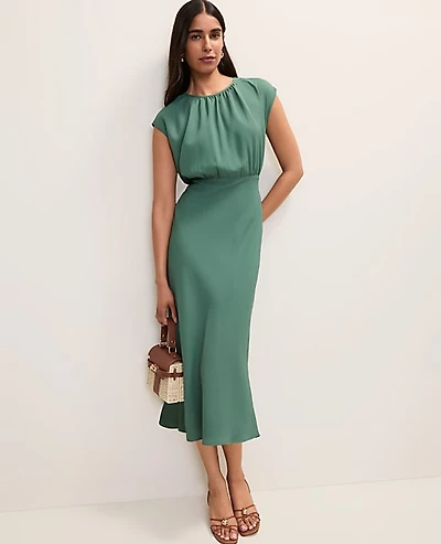 Ann Taylor Petite Gathered Midi Dress Shadowy Jade Women's
