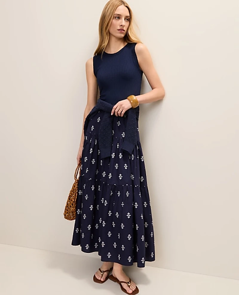 Ann Taylor Weekend Tiered Full Skirt Geo Print Winter Blue Women's