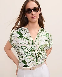 Ann Taylor Petite Palm Print Mixed Media Top Fresh Cut Green Women's