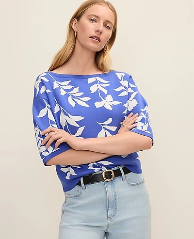 Ann Taylor Petite Floral Jacquard Boatneck Sweater Dream Blue Women's