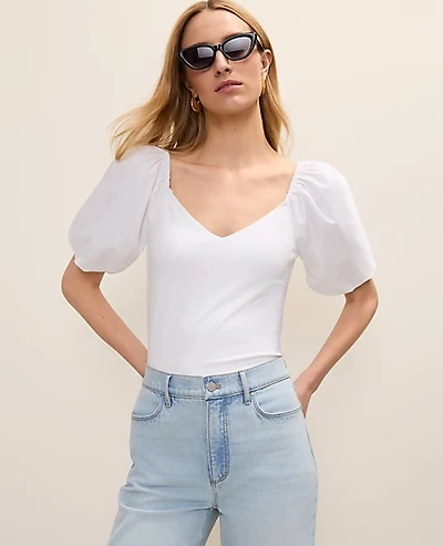 Ann Taylor Mixed Media Puff Sleeve Top White Women's