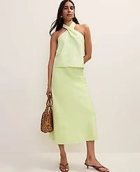 Ann Taylor Petite Bias Midi Slip Skirt Linen Blend Lime Slice Women's
