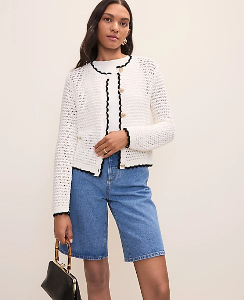 Ann Taylor Petite Scalloped Trim Cardigan White Women's