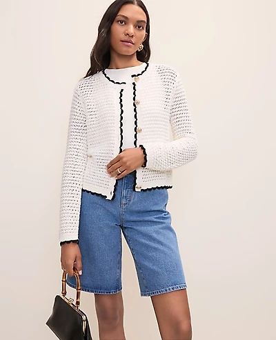Ann Taylor Petite Scalloped Trim Cardigan White Women's