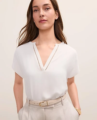 Ann Taylor Petite Lace Trim Mixed Media Top Winter White Women's