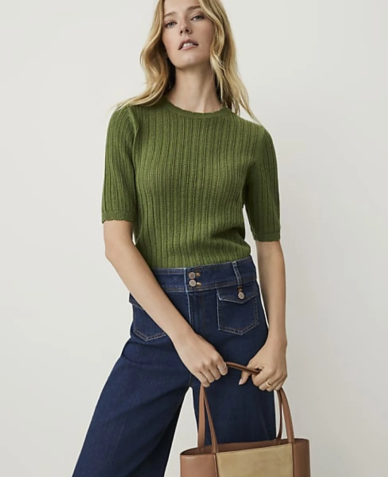 Ann Taylor Weekend Pointelle Trim Sweater Women's