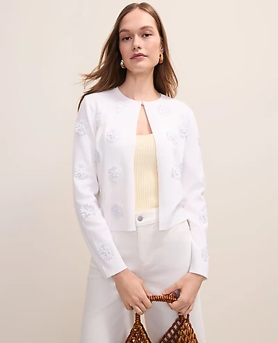 Ann Taylor Petite Floral Appliqué Cardigan White Women's