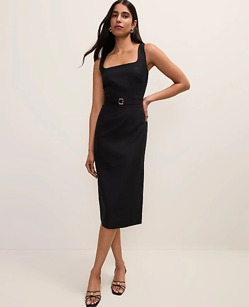 Ann Taylor Petite Belted Column Midi Dress Linen Blend Women's