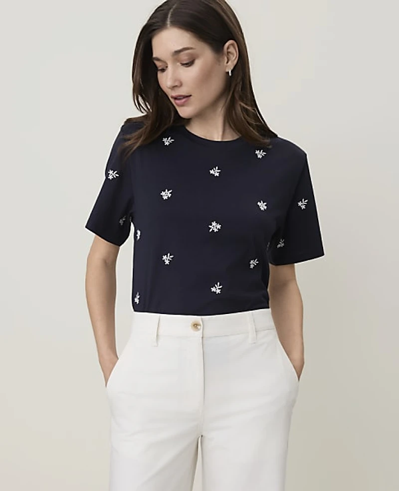 Ann Taylor Petite Weekend Embroidered Relaxed T-Shirt Night Sky Women's