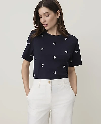 Ann Taylor Petite Weekend Embroidered Relaxed T-Shirt Night Sky Women's