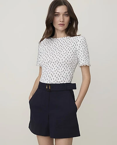 Ann Taylor Petite Weekend Floral Lace Trim Pointelle T-Shirt Winter White Women's