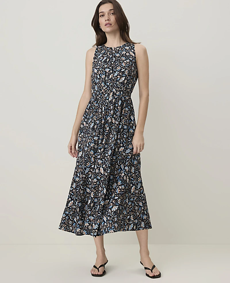 Ann Taylor Petite Weekend Floral Gathered Midi Dress Night Sky Women's