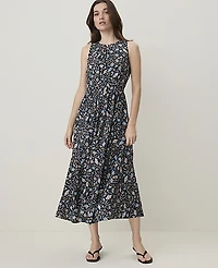 Ann Taylor Petite Weekend Floral Gathered Midi Dress Night Sky Women's