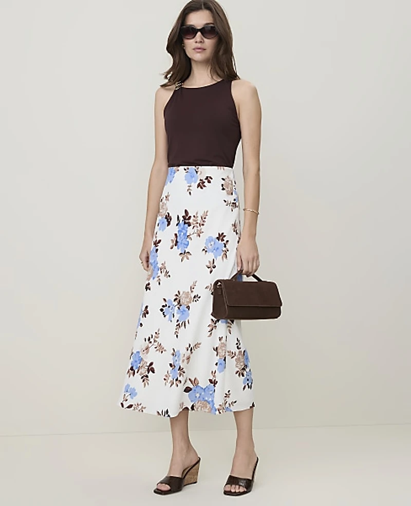 Ann Taylor Petite Floral Midi Slip Skirt Cheerful Blue-Ww Women's