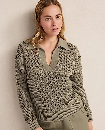 Ann Taylor Haven Well Within Cotton Wave Stitch Johnny Collar Sweater Vetiver-Haven Women's