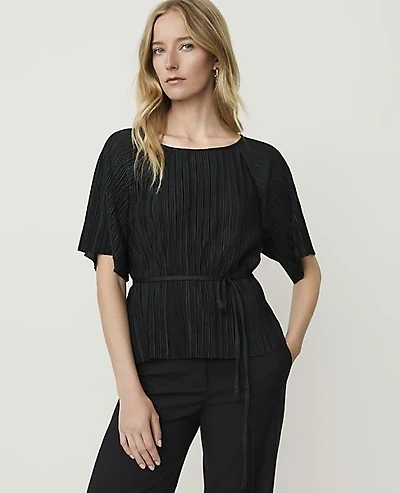 Ann Taylor Petite Pleated Tie Waist Top Black Women's