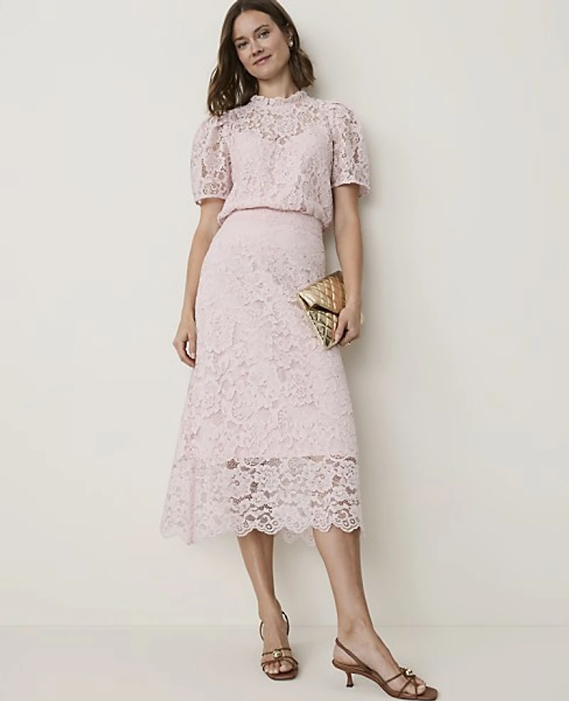 Ann Taylor Petite Scalloped Trim Lace Midi Skirt Mother Of Pearl Women's