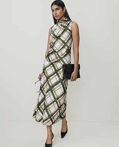 Ann Taylor Plaid Bias Midi Slip Skirt Olive Sprig Women's