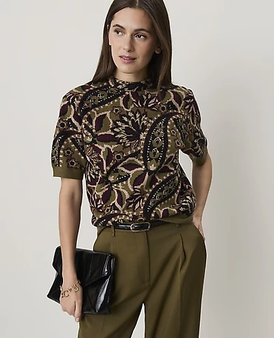 Ann Taylor Paisley Jacquard Sweater T-Shirt Olive Sprig Women's