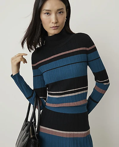 Ann Taylor Petite Colorblock Ribbed Turtleneck Sweater Harbor Side Blue Women's