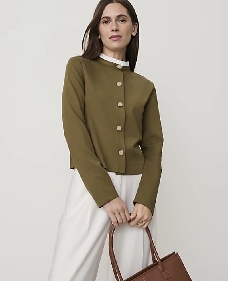 Ann Taylor Petite Ruffle Collar Knit Jacket Olive Sprig Women's