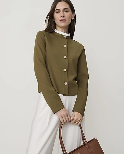 Ann Taylor Petite Ruffle Collar Knit Jacket Olive Sprig Women's