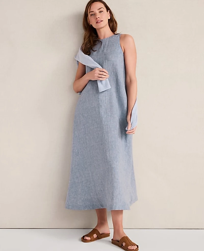 Ann Taylor Haven Well Within Linen Boat Neck Maxi Dress Size XS Navy Women's