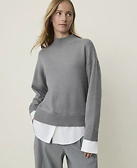 Ann Taylor Petite Weekend Layered Mix Media Sweater Medium Heather Grey Women's