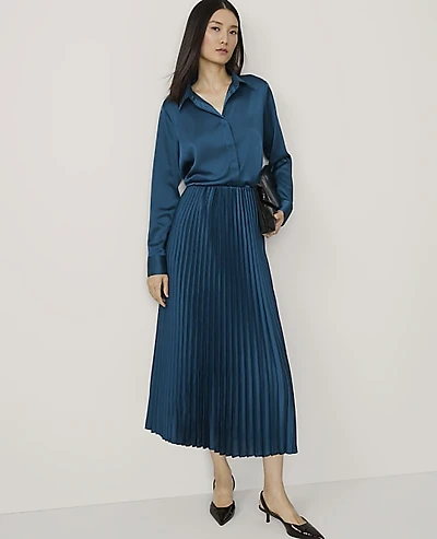 Ann Taylor Pleated Midi Skirt Satin Harbor Side Blue Women's