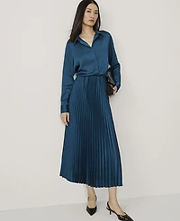 Ann Taylor Pleated Midi Skirt Satin Harbor Side Blue Women's