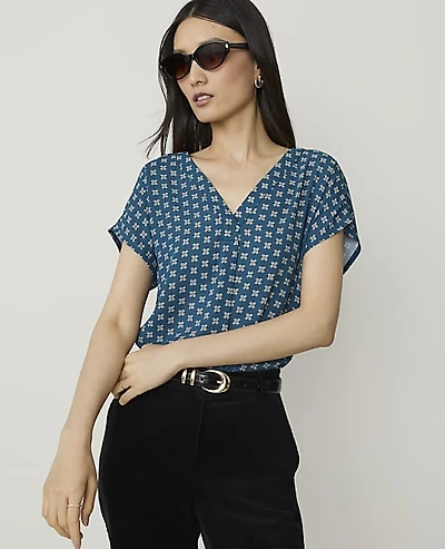 Ann Taylor Floral Mixed Media Pleat Front Top Harbor Side Blue Women's