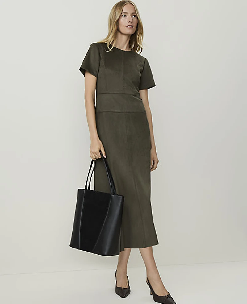 Ann Taylor Seamed Crew Neck Midi Dress Faux Suede Caper Shadow Women's