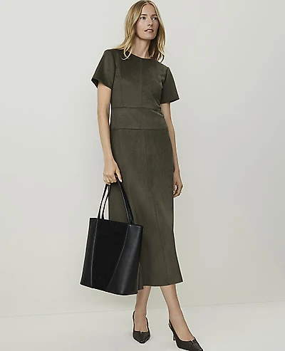 Ann Taylor Seamed Crew Neck Midi Dress Faux Suede Caper Shadow Women's