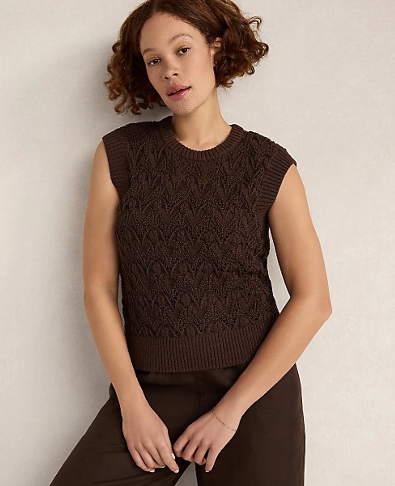Ann Taylor Haven Well Within Organic Cotton Chain Pointelle Sweater Vest Coffee Bean Women's
