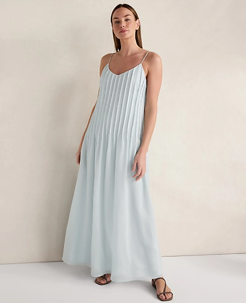 Ann Taylor Haven Well Within Ramie Blend Pintuck Maxi Dress Size Small Ice Blue Women's