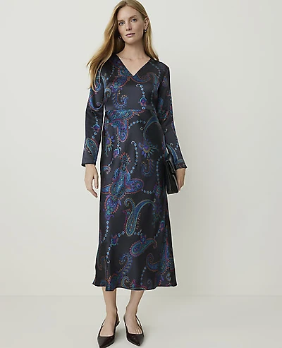 Ann Taylor Studio Collection Paisley Tie Neck Midi Dress Silk Night Sky Women's