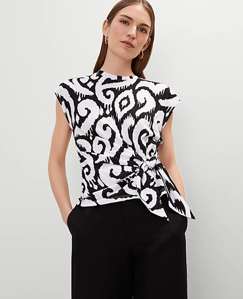 Ann Taylor Ikat Tie Waist T-Shirt Size Small Black Women's