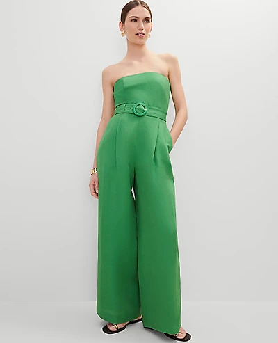 Ann Taylor Belted Strapless Linen Blend Jumpsuit Size 0 Natural Green Women's