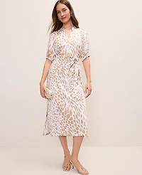 Ann Taylor Animal Print Puff Sleeve Midi Dress Cafe Au Lait Women's